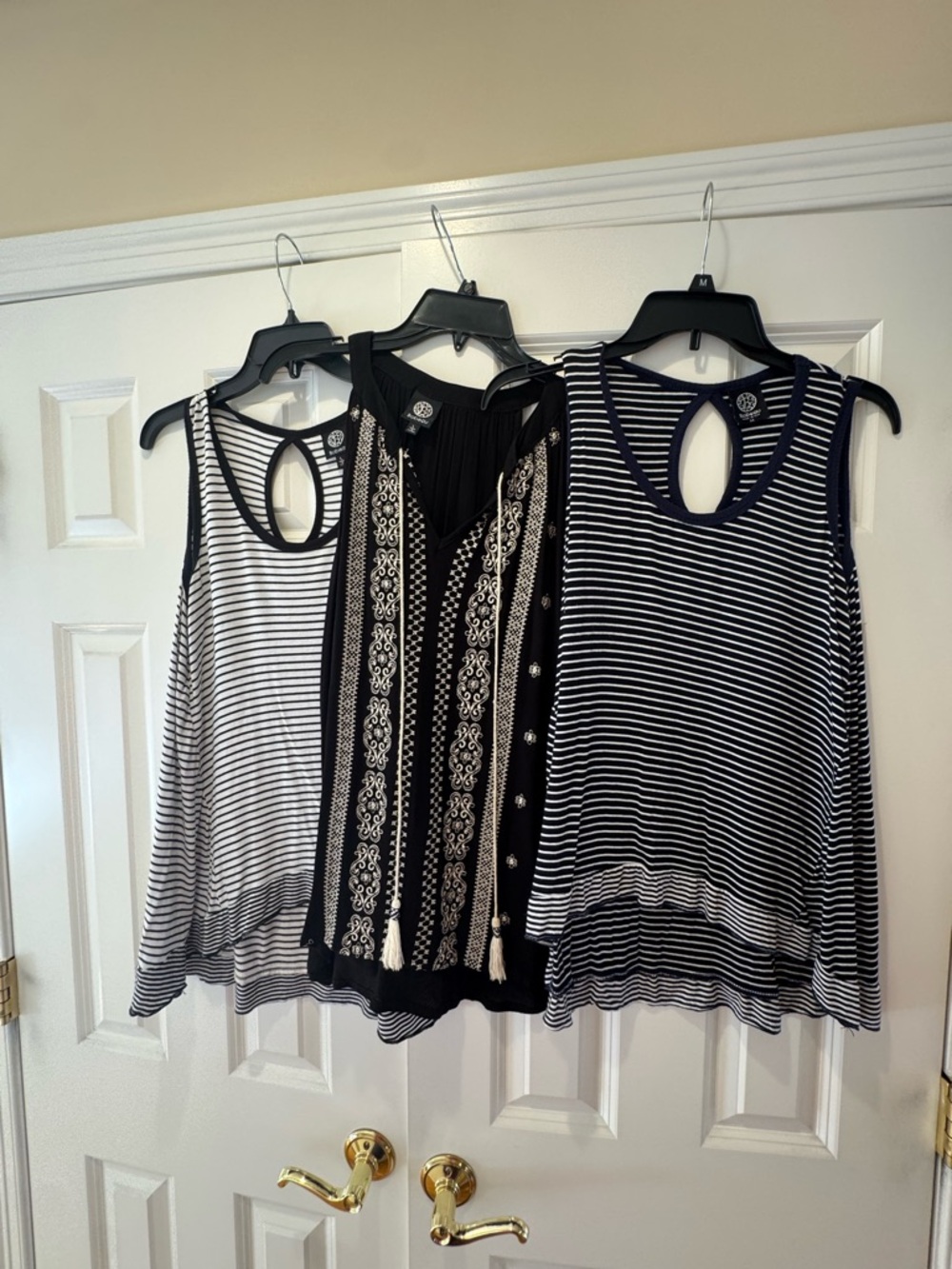 bobeau Black and White Striped & Embroidered Tank Tops - 3 Pack